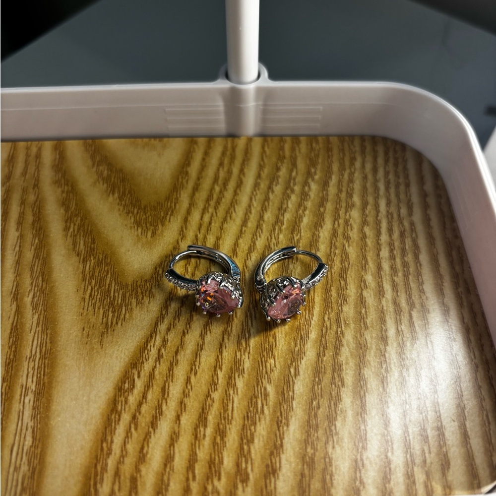 Pink and Silver Heart Earrings with Hanging Clasp
